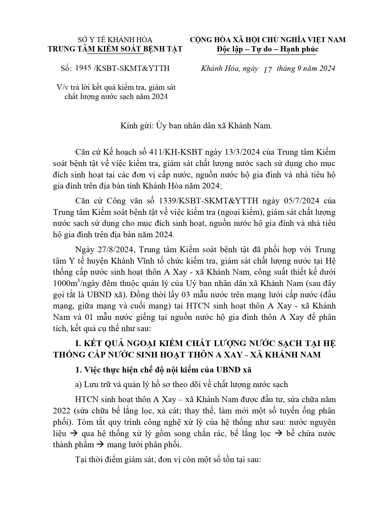 V/v trả lời kết quả kiểm tra, giám sát chất lượng nước sạch năm 2024